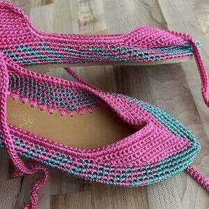 Women's Crochet Flats Ankle Tie Hot Pink & Turquoise Boho Beach Vacation 7